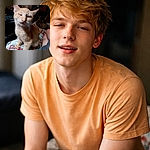 A sleepy ginger cat leans into the camera with squinty eyes and dramatic whiskers, claiming the spotlight while a tortoiseshell roommate lounges in the background; a TV and a fan complete this cozy, slightly blurry domestic drama.