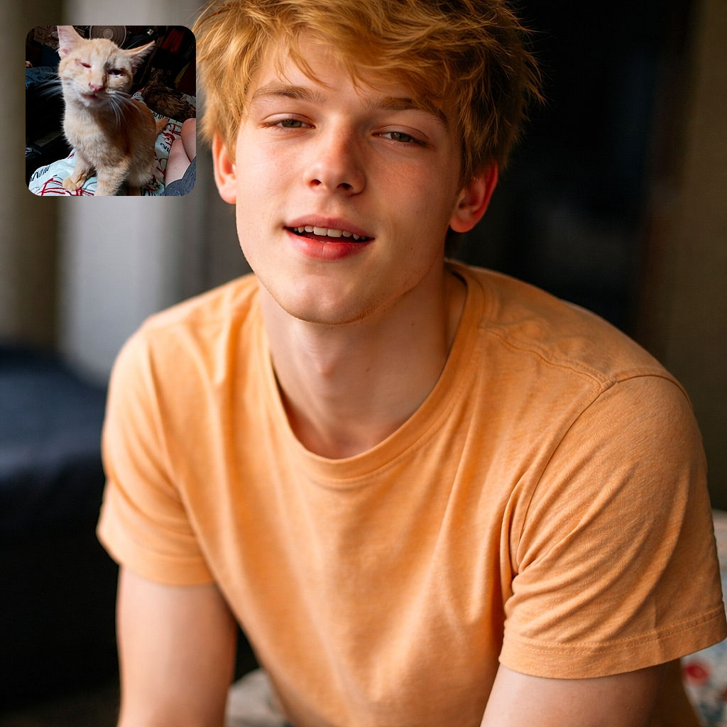 A sleepy ginger cat leans into the camera with squinty eyes and dramatic whiskers, claiming the spotlight while a tortoiseshell roommate lounges in the background; a TV and a fan complete this cozy, slightly blurry domestic drama.