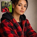 A dignified gray dog wearing a cozy red and black checkered jacket sits calmly outdoors, surrounded by green grass and trees, looking thoughtfully into the distance like a canine philosopher.