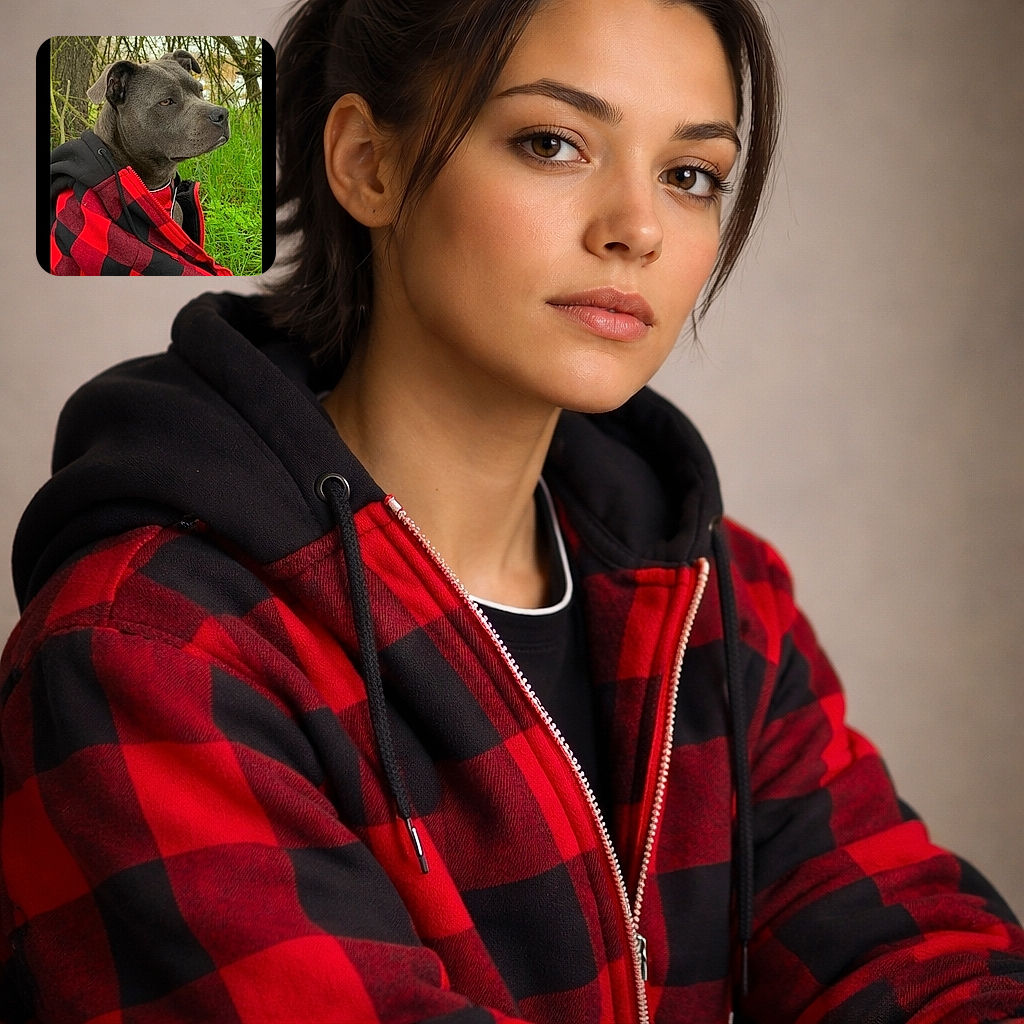 A dignified gray dog wearing a cozy red and black checkered jacket sits calmly outdoors, surrounded by green grass and trees, looking thoughtfully into the distance like a canine philosopher.