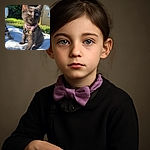 A curious black kitten with a pink collar and bell sits on a soft blanket outdoors, bathed in warm sunlight, with wide eyes reflecting the surrounding greenery and a cardboard box in the background.