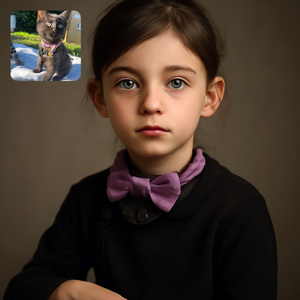 A curious black kitten with a pink collar and bell sits on a soft blanket outdoors, bathed in warm sunlight, with wide eyes reflecting the surrounding greenery and a cardboard box in the background.
