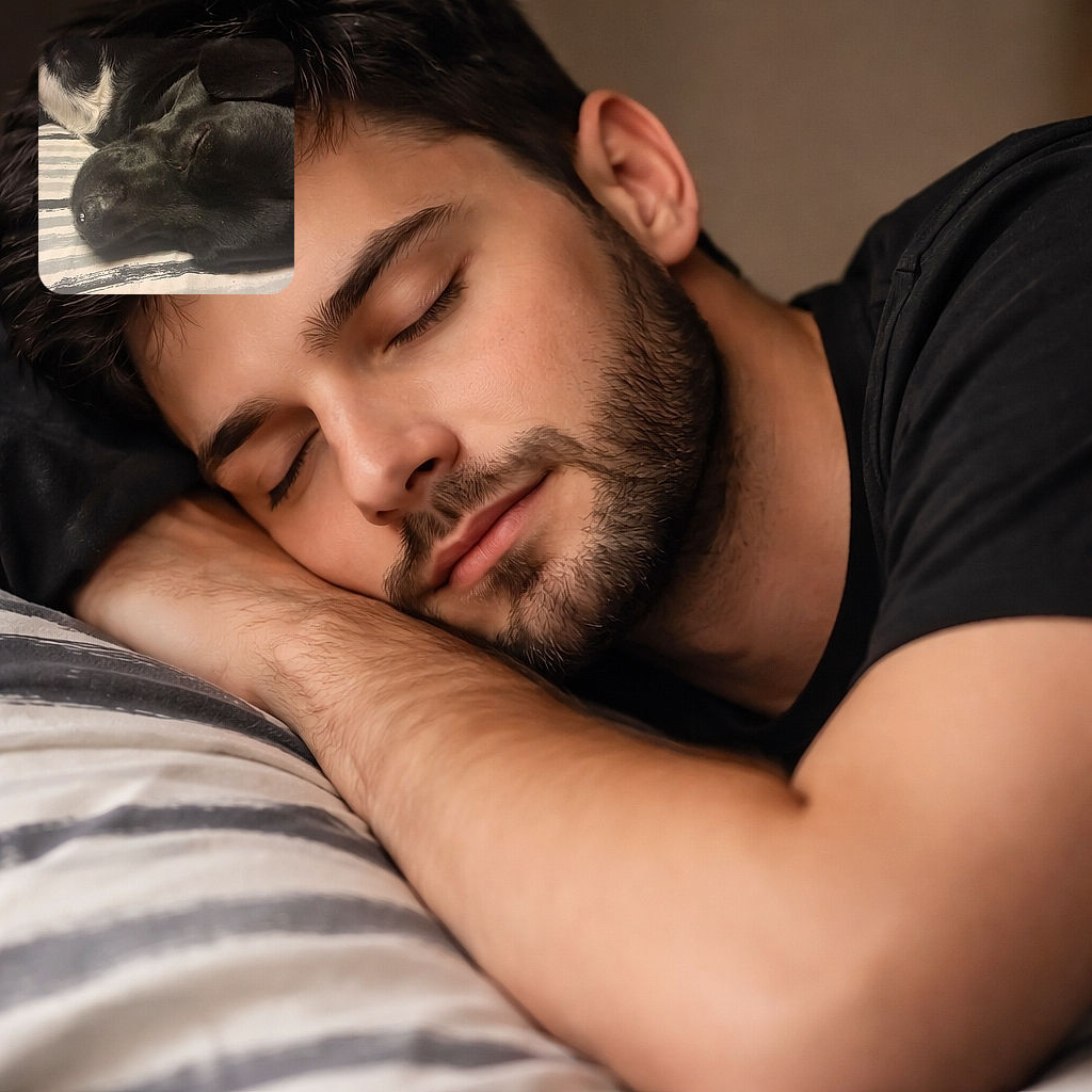 A majestic black dog has monopolized the frame and the bed, napping like a seasoned professional — nose shiny, eyes closed, and fur reflecting the room's soft light. It looks like the dog is dreaming of treats and world domination, while the sheet provides tasteful stripes for dramatic effect.