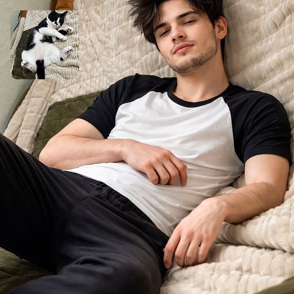 A blissed-out tuxedo cat sprawled on its back with paws in the air and belly exposed, snoozing on a squishy textured blanket like it owns the place. Its little paw pads and black-and-white fur make the whole scene peak cozy laziness.