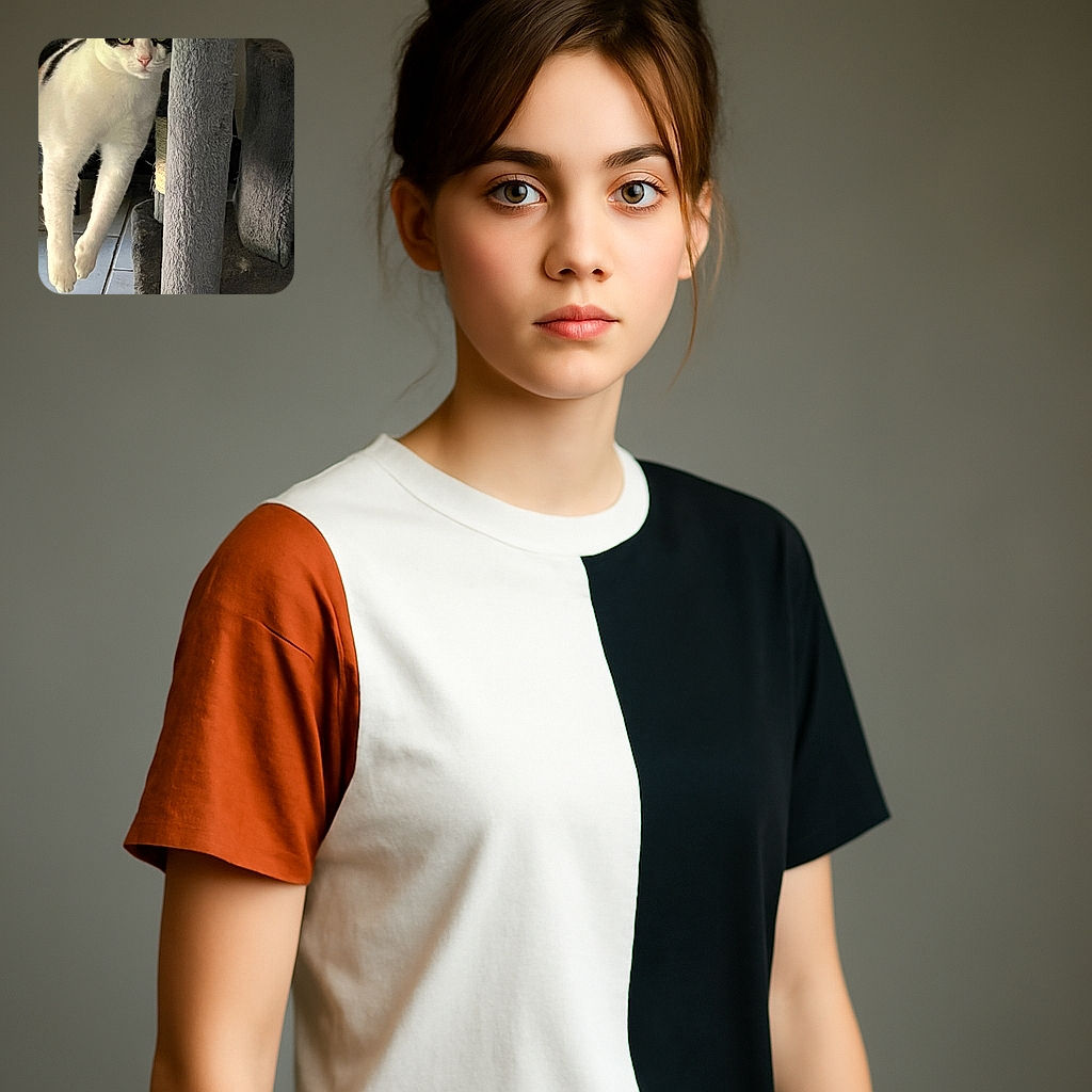 A curious cat peeks out from behind a tall, fuzzy scratching post, one paw delicately extended over the tiled floor, with wide green eyes that seem to be plotting its next playful move.