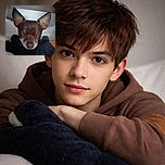 A close-up photo of a small brown dog with large ears and expressive eyes peeking over a dark plush toy, with a soft background of white and beige cushions. The dog's curious and slightly sleepy expression makes it look like it's plotting a cozy nap or a sneaky cuddle attack.