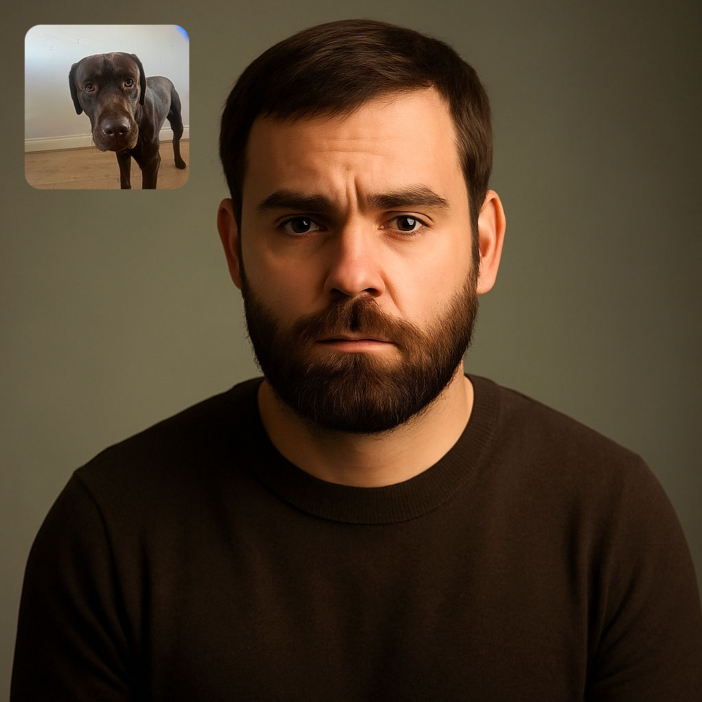 A close-up photo of a chocolate Labrador retriever standing on a wooden floor with a plain light-colored wall in the background. The dog looks curiously at the camera with soulful eyes and a slightly shiny nose, creating a warm and engaging portrait.