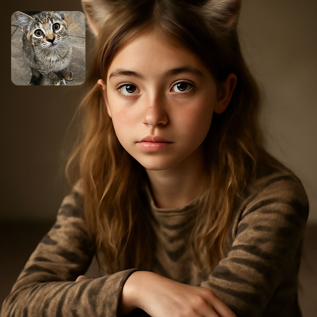 A curious tabby kitten with big, round eyes gazes up with innocent wonder, sitting on a textured stone floor that adds rustic charm to this adorable close-up shot.