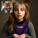 A charming Yorkshire Terrier with a purple harness and a tiny bell poses adorably, its tongue peeking out as if caught mid-silly moment, set against a softly blurred garden fence background.