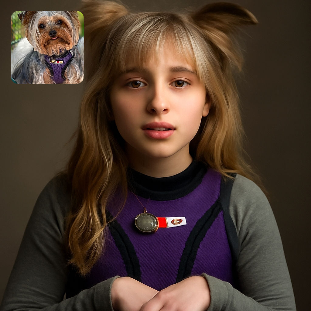 A charming Yorkshire Terrier with a purple harness and a tiny bell poses adorably, its tongue peeking out as if caught mid-silly moment, set against a softly blurred garden fence background.