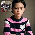 A small black and white puppy wearing a cozy pink and black striped sweater with a heart on the side looks up with big curious eyes, sitting on a multicolored carpet surrounded by a pink shoe, a red bag, and a soft blanket.