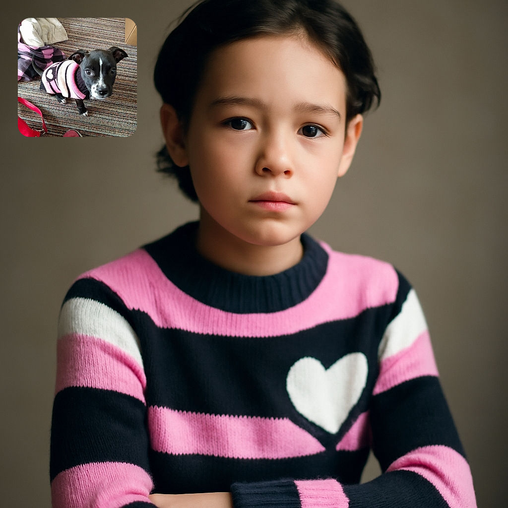 A small black and white puppy wearing a cozy pink and black striped sweater with a heart on the side looks up with big curious eyes, sitting on a multicolored carpet surrounded by a pink shoe, a red bag, and a soft blanket.