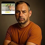 A brown dog standing outdoors on a dirt patch with green plants in the background. The dog looks curiously at the camera with ears perked up. The photo is framed with a white border and has yellow text overlay that reads 'Boss' and 'JUNE 2026', giving it a calendar-like feel.