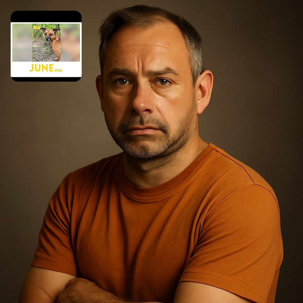 A brown dog standing outdoors on a dirt patch with green plants in the background. The dog looks curiously at the camera with ears perked up. The photo is framed with a white border and has yellow text overlay that reads 'Boss' and 'JUNE 2026', giving it a calendar-like feel.