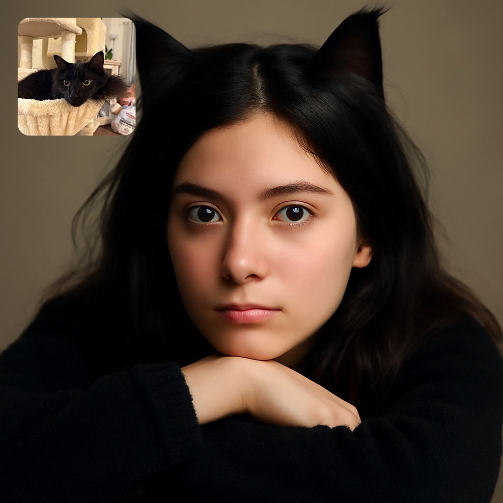 A sleek black cat lounges comfortably in a plush beige hammock-style bed attached to a multi-level cat tree, eyes wide with curiosity and a hint of mischief, surrounded by cozy home decor and soft lighting.