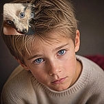 An irresistibly fluffy puppy stares into the camera with one crystal-blue eye and one dramatically shadowed eye, looking like a tiny canine detective who has just discovered the red object at the bottom of the frame. The close-up fur detail and warm lighting make the pup look wonderfully soft and slightly surprised.