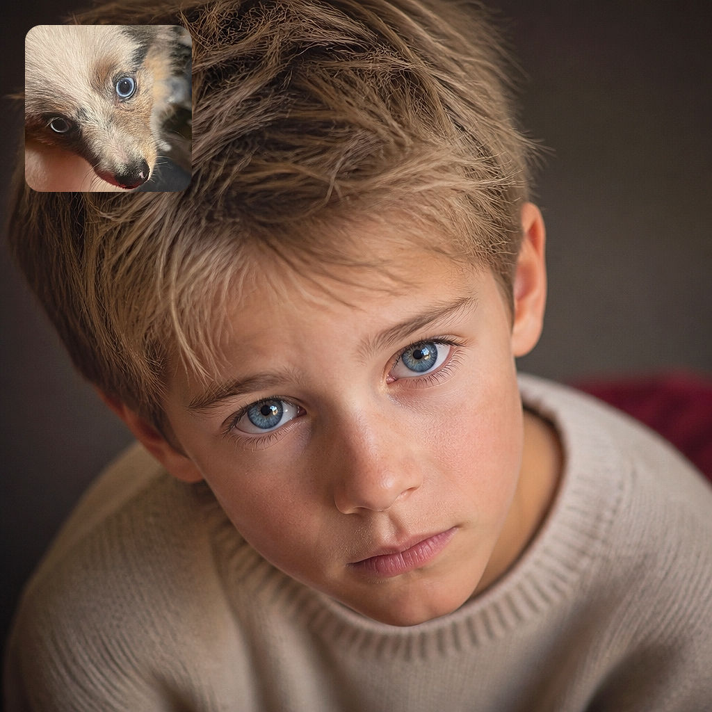 An irresistibly fluffy puppy stares into the camera with one crystal-blue eye and one dramatically shadowed eye, looking like a tiny canine detective who has just discovered the red object at the bottom of the frame. The close-up fur detail and warm lighting make the pup look wonderfully soft and slightly surprised.