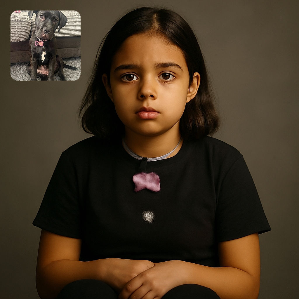 A charming black puppy with soulful eyes sits attentively on a carpeted floor, sporting a pink bone-shaped tag that reads 'Tessa'. The cozy background features a textured couch and a hint of a pink blanket, creating a warm and homely atmosphere.