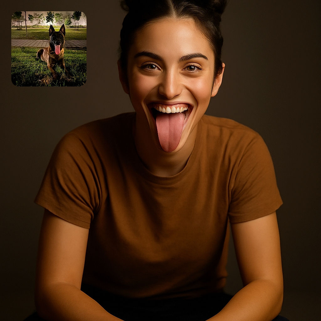 A happy dog with its tongue out is lying on the grass at night in a park, with trees and a lit wall in the background. The lighting highlights the dog's face and tongue, making it look excited and playful in the dark setting.
