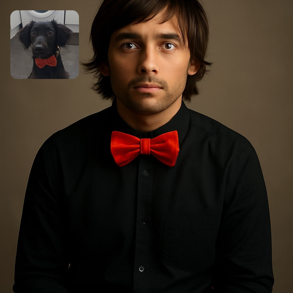 A charming black dog sporting a bright orange bow tie sits attentively on a tiled floor in front of a washing machine, looking like it's ready for a fancy occasion or maybe just a spin cycle of cuteness.