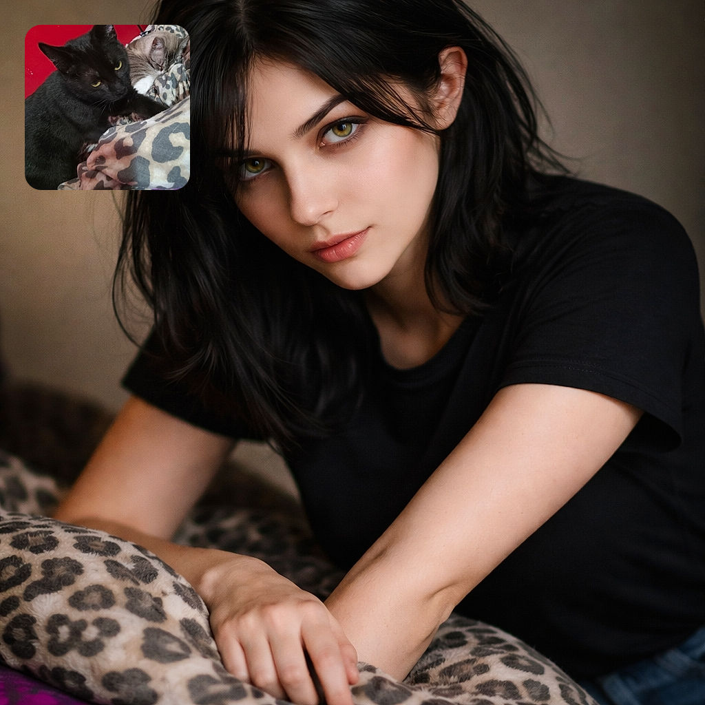 A dignified black cat stares like the apartment manager while a sleepy tabby curls up beside it on a leopard-print blanket — two feline roommates claiming the comfiest spot in the house.