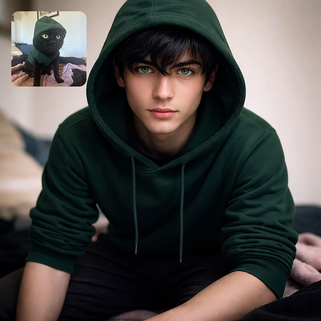 A sleek black cat with striking green eyes is wearing a snug green hoodie, sitting alertly on a soft, cozy blanket. The background is a softly blurred room with a framed poster, adding a touch of homey charm to this adorable feline fashion statement.