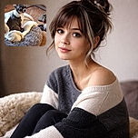 A tiny Chihuahua sitting comfortably in a cozy, fluffy dog bed with a soft blanket, looking back with a curious and slightly cautious expression. The wooden floor and a chair base add a warm homey vibe, while a few dog toys lie scattered nearby.