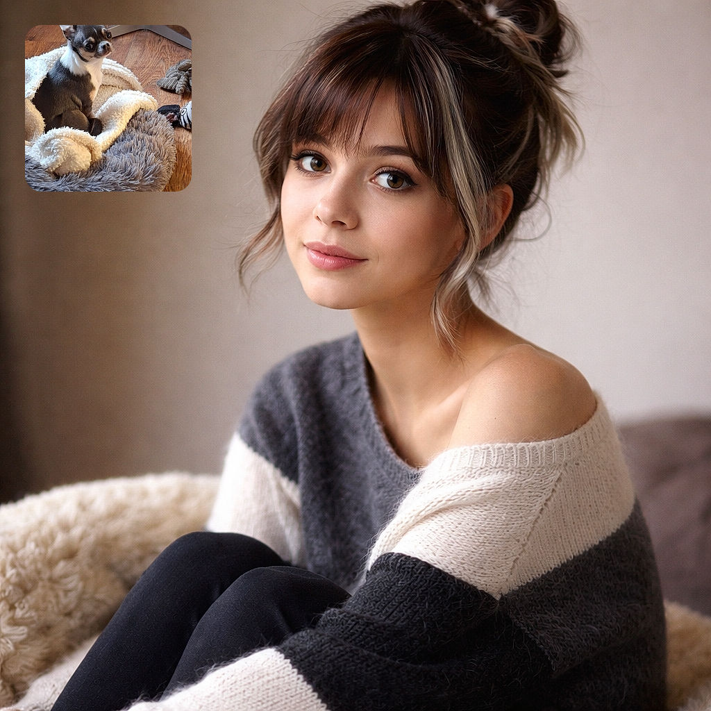 A tiny Chihuahua sitting comfortably in a cozy, fluffy dog bed with a soft blanket, looking back with a curious and slightly cautious expression. The wooden floor and a chair base add a warm homey vibe, while a few dog toys lie scattered nearby.