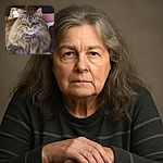 A fluffy tabby cat with striking green eyes sits calmly on the floor, framed by a pair of human legs in the background. The cozy indoor setting highlights the cat's thick fur and curious expression.