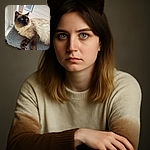 A fluffy Siamese cat lounges comfortably on a soft gray perch by a window, gazing intently outside with bright blue eyes, bathed in natural light that highlights its rich fur colors.
