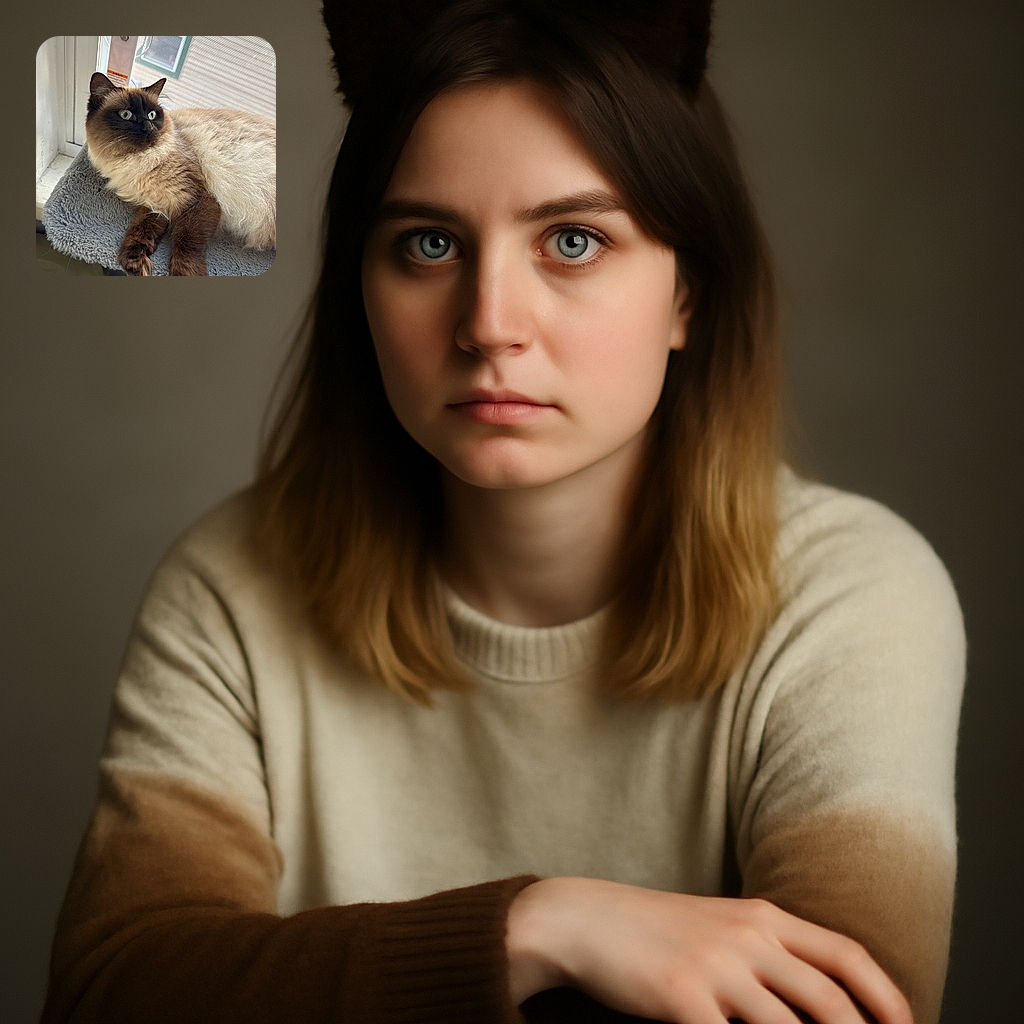 A fluffy Siamese cat lounges comfortably on a soft gray perch by a window, gazing intently outside with bright blue eyes, bathed in natural light that highlights its rich fur colors.
