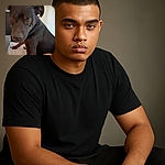A close-up of a curious black dog sitting on a bed, looking directly at the camera with soulful eyes. The background shows a typical bedroom setting with a dresser and some household items, while a person's arm is partially visible on the right side.