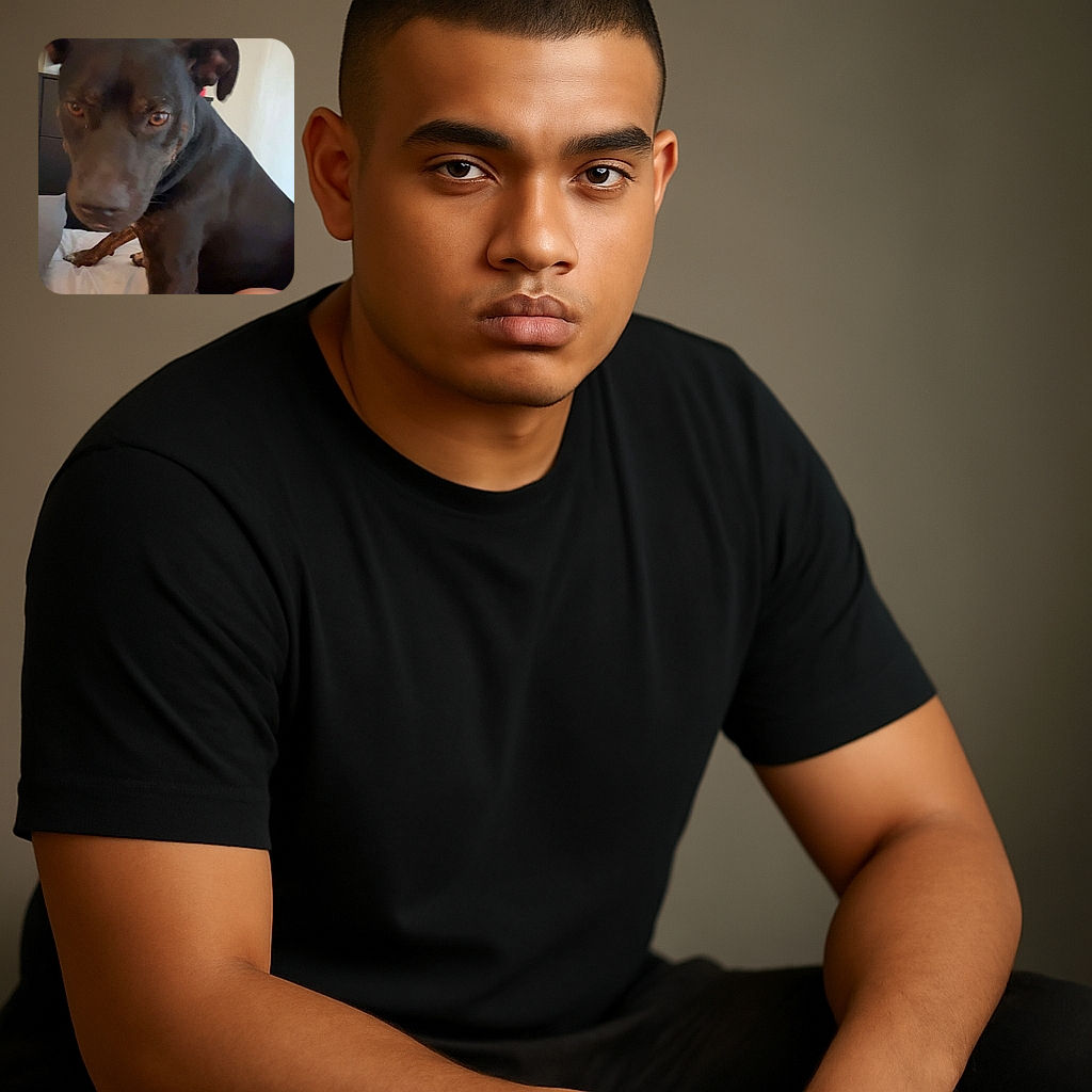 A close-up of a curious black dog sitting on a bed, looking directly at the camera with soulful eyes. The background shows a typical bedroom setting with a dresser and some household items, while a person's arm is partially visible on the right side.