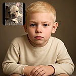 A close-up photo of an adorable light-colored puppy looking up with big round eyes on a carpeted floor. The image is displayed within a phone screen interface showing camera controls like zoom and flip buttons.