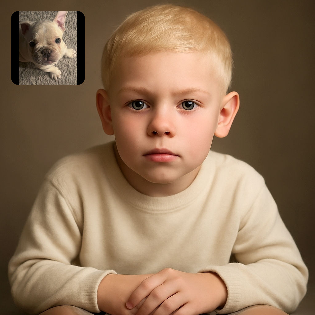 A close-up photo of an adorable light-colored puppy looking up with big round eyes on a carpeted floor. The image is displayed within a phone screen interface showing camera controls like zoom and flip buttons.