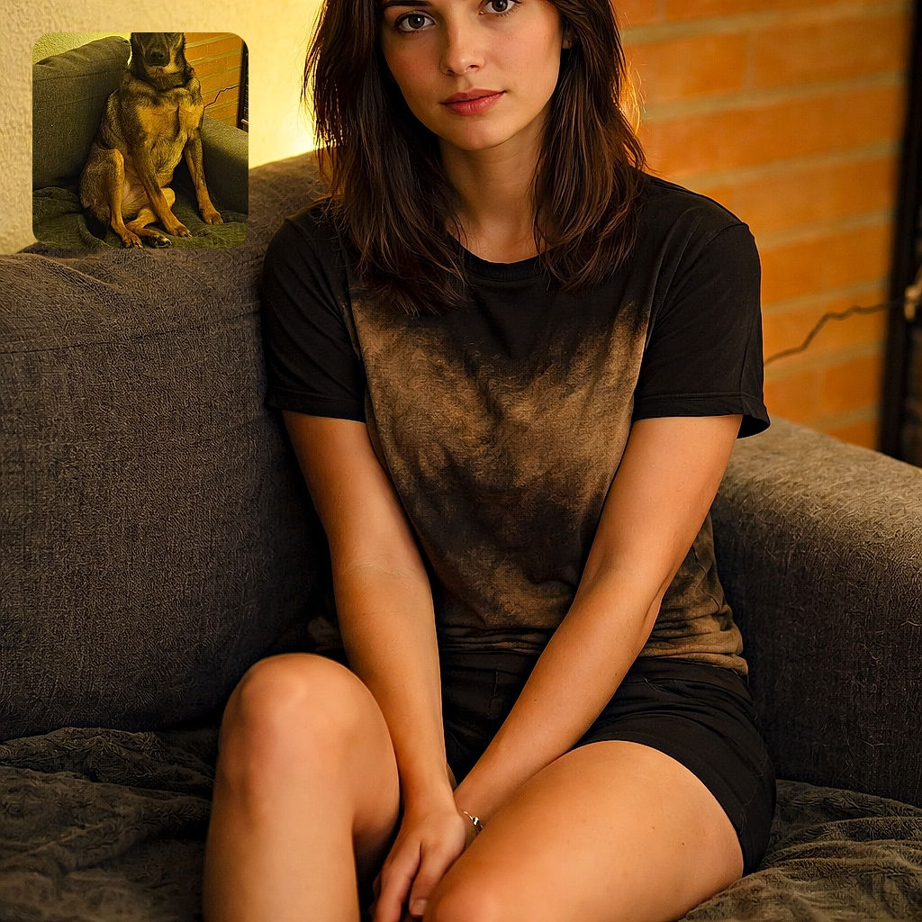 A slightly serious, very regal dog sits upright on a cozy couch like it pays the rent — fairy lights and a brick wall stage the drama while the pup stares straight at the camera as if auditioning for a sitcom role.