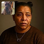 A large, serious-looking brindle dog sits indoors on a green carpet, with soft natural light coming from a nearby window. The dog's wrinkled face and cropped ears give it a distinguished, almost pensive expression, while the background shows a wooden cabinet and a power outlet, adding a cozy home vibe.