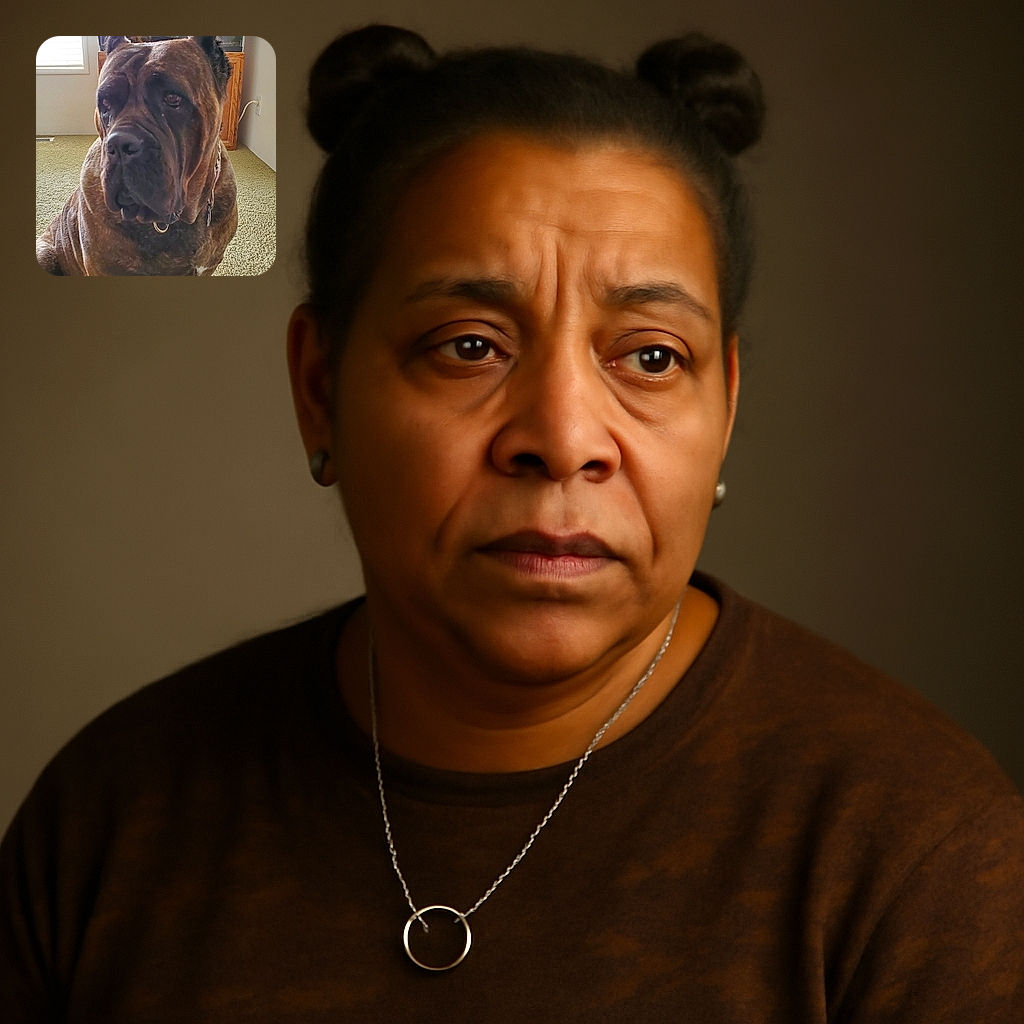 A large, serious-looking brindle dog sits indoors on a green carpet, with soft natural light coming from a nearby window. The dog's wrinkled face and cropped ears give it a distinguished, almost pensive expression, while the background shows a wooden cabinet and a power outlet, adding a cozy home vibe.
