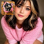An adorable French Bulldog puppy dressed in a fluffy pink sweater looks up with big, soulful eyes, sitting on a warm wooden floor. The vibrant colors and close-up perspective highlight the puppy's cute wrinkles and expressive face, making it impossible not to smile.
