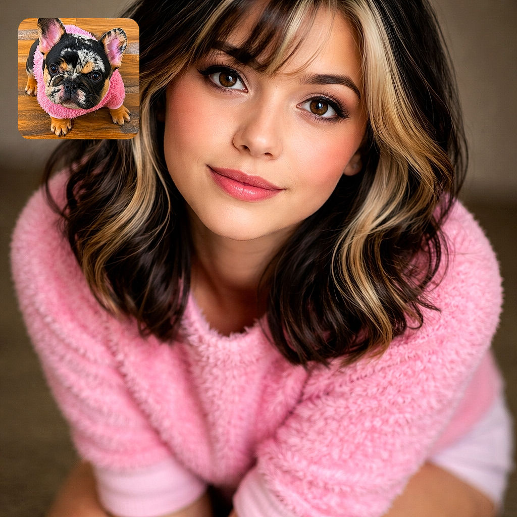 An adorable French Bulldog puppy dressed in a fluffy pink sweater looks up with big, soulful eyes, sitting on a warm wooden floor. The vibrant colors and close-up perspective highlight the puppy's cute wrinkles and expressive face, making it impossible not to smile.