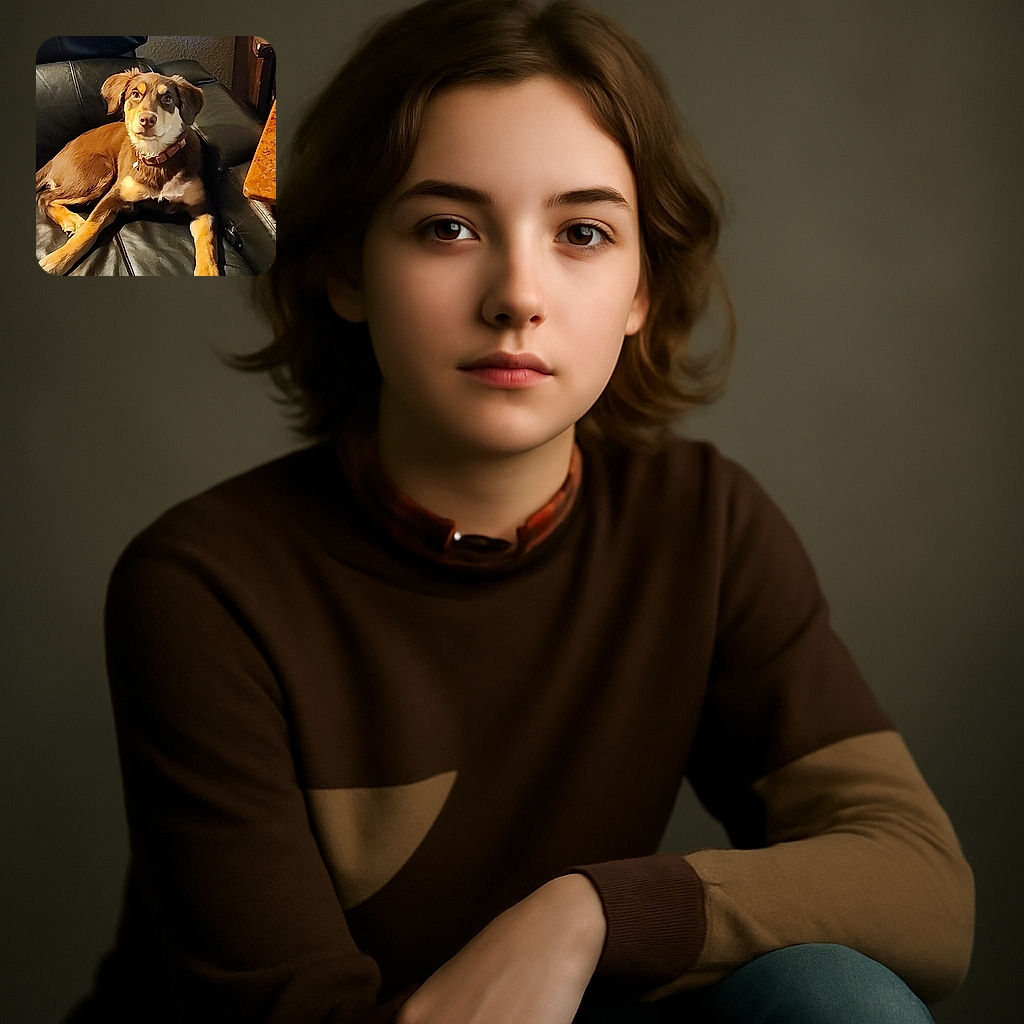 A relaxed brown and tan dog lounges comfortably on a black leather couch, looking up with curious eyes and a slightly tilted head, bathed in warm indoor lighting that highlights its soft fur and gentle expression.