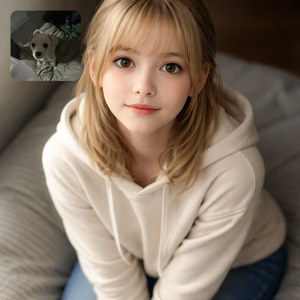 A cute little puppy with big soulful eyes sits on a striped blanket inside a mesh enclosure, looking up with innocent curiosity. Nearby, colorful dog toys add a playful touch to the cozy scene.