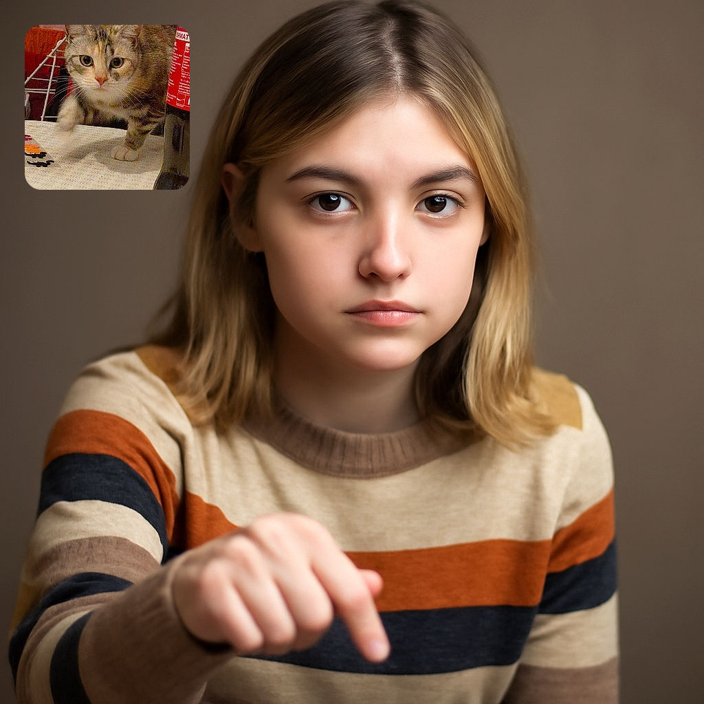 A curious tabby cat cautiously steps onto a table, eyeing something off-camera with wide, round eyes. The scene includes a bottle of soda on the right and a textured tablecloth beneath the cat's paws, with a slightly cluttered background hinting at a cozy, lived-in space.