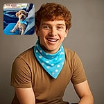 A fluffy, happy dog sporting a colorful bandana is sitting upright on the passenger seat of a car, looking excited and ready for an adventure. The background shows a sunny suburban neighborhood through the car window, adding a cozy and cheerful vibe.