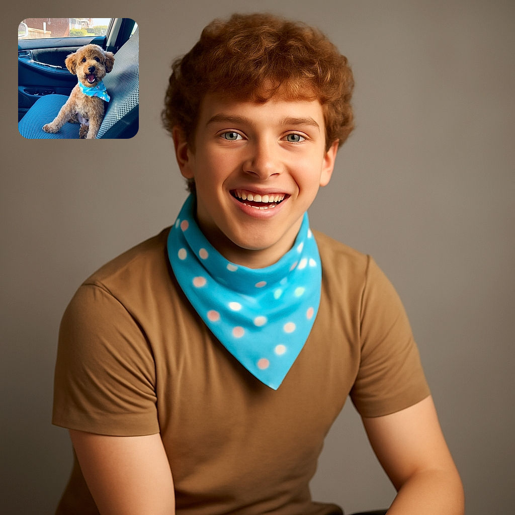 A fluffy, happy dog sporting a colorful bandana is sitting upright on the passenger seat of a car, looking excited and ready for an adventure. The background shows a sunny suburban neighborhood through the car window, adding a cozy and cheerful vibe.