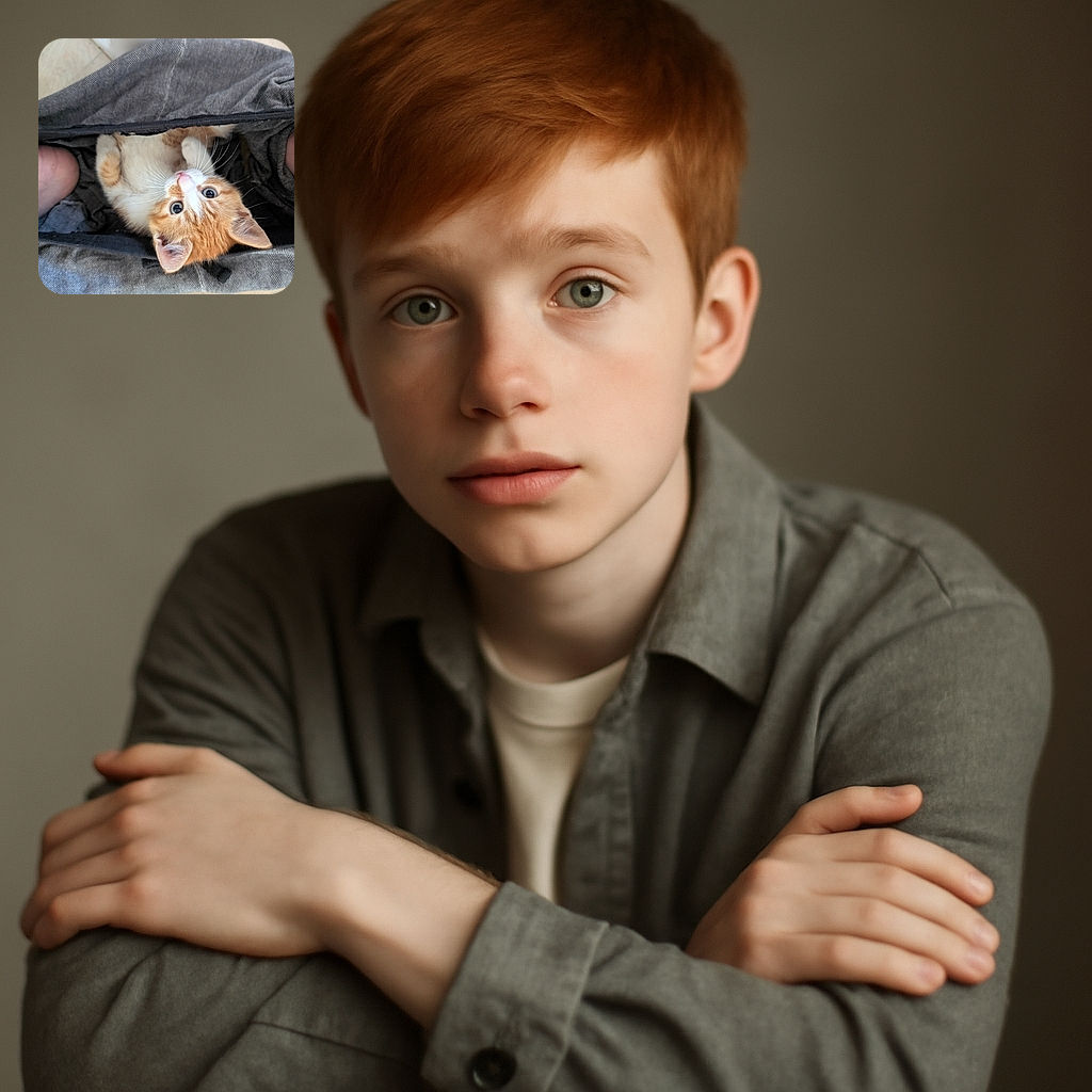 An adorable orange and white kitten peeks out from inside a pair of pants worn by a person, looking up with wide, curious eyes as if plotting a playful escape.