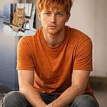 A unimpressed ginger cat squeezed into a too-small cardboard box like it owns the place — staring down the camera with world-weary whiskers while a radiator and a leaning canvas provide a very chic living-room backdrop.