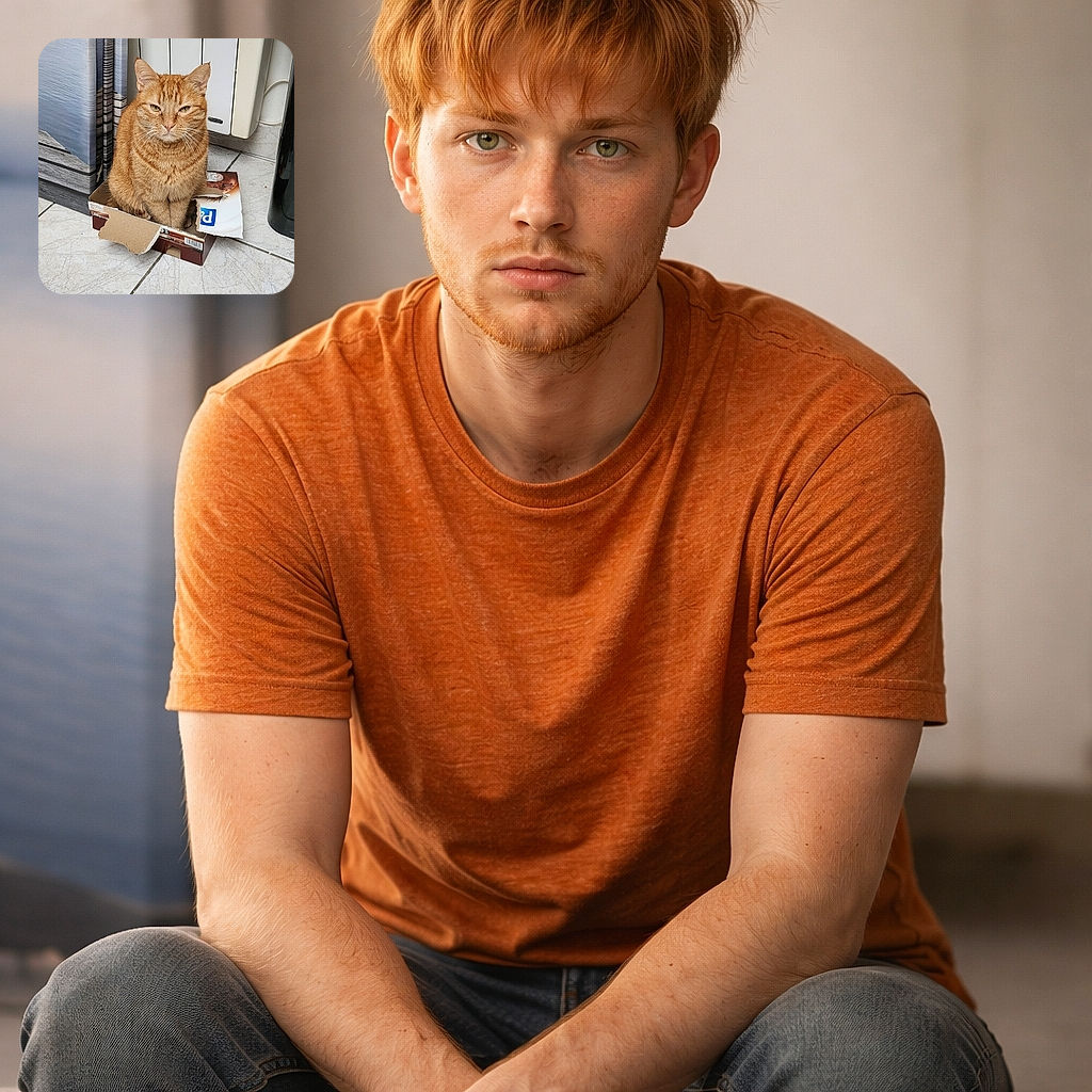 A unimpressed ginger cat squeezed into a too-small cardboard box like it owns the place — staring down the camera with world-weary whiskers while a radiator and a leaning canvas provide a very chic living-room backdrop.