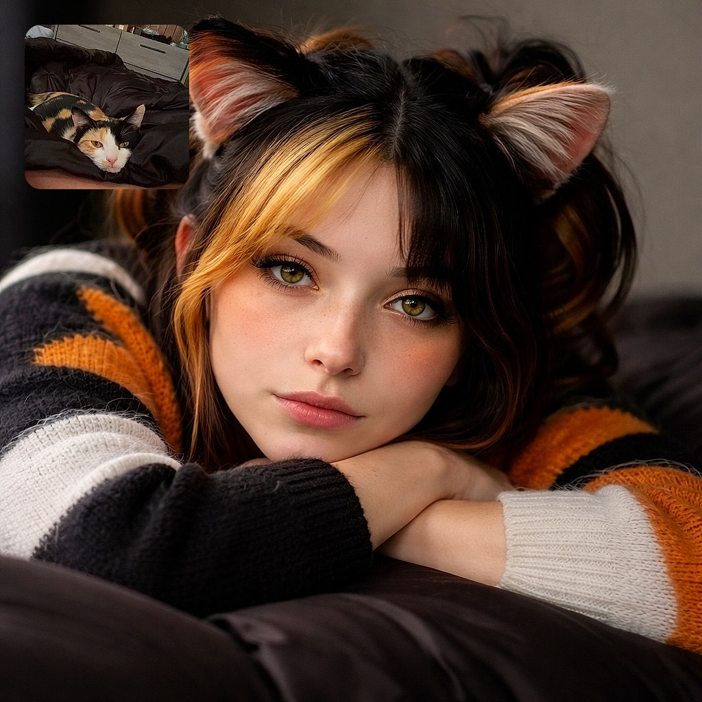 A calico cat is cozily nestled into a dark blanket, resting its head on a person's arm with a relaxed yet slightly sleepy expression. The background shows a wooden paneled wall with shelves holding various items, including stuffed toys and a TV screen.