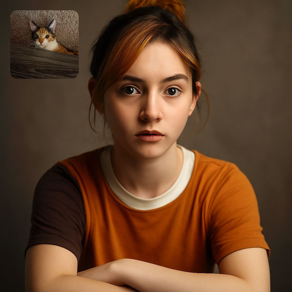 A curious calico cat peeks over a dark wooden surface with wide eyes, seemingly caught in the act of spying or plotting a playful ambush against the carpeted background.